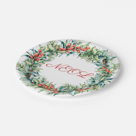 レッドウィンターベリークリスマスリース紙プレート ペーパープレート (アングル)