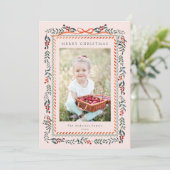 レッドウィンターベリーフレームクリスマス2フォト赤面ピンク シーズンカード (スタンド正面)