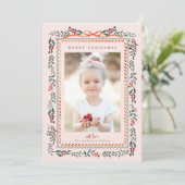 レッドウィンターベリーフレームピンクのクリスマスフォト シーズンカード (スタンド正面)