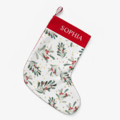 レッドウィンターボタニカルフェスティバル金ゴールドドット名前をカスタムする スモールクリスマスストッキング (正面 (吊り時))
