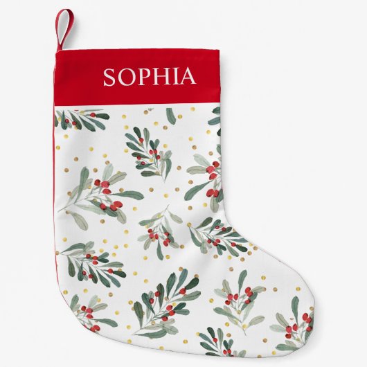 レッドウィンターボタニカルフェスティバル金ゴールドドット名前をカスタムする スモールクリスマスストッキング (正面)