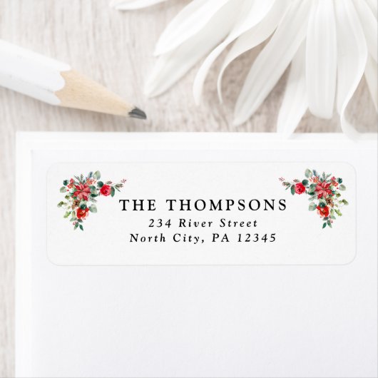 レッドウィンター花模様ホリデー差出人住所ラベル ラベル (インサイチュ)