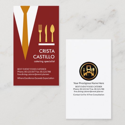 レッドウェイタースーツタイ金ゴールド刃物仕出し 名刺 (正面/裏面)