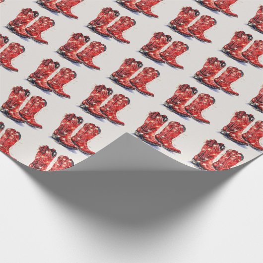 レッドウエスタンカウボーイブーツクリスマス ラッピングペーパー (角)