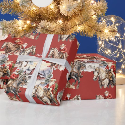 レッドウエスタンクリスマスサンタオンホース ラッピングペーパー (クリスマス)