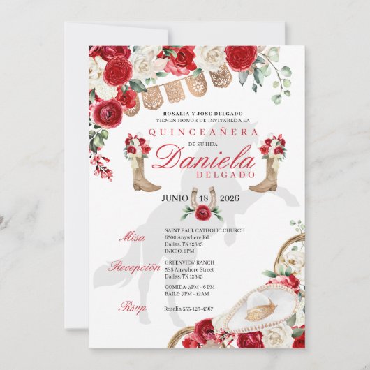 レッドウエスタンブーツ&バラパペルピカドキンセアニラ 招待状 (正面)