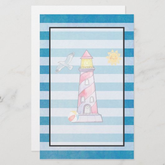 レッドウォーストライプのターカラーライトハウスオンブルーストライプホテル 便箋 (正面/裏面)