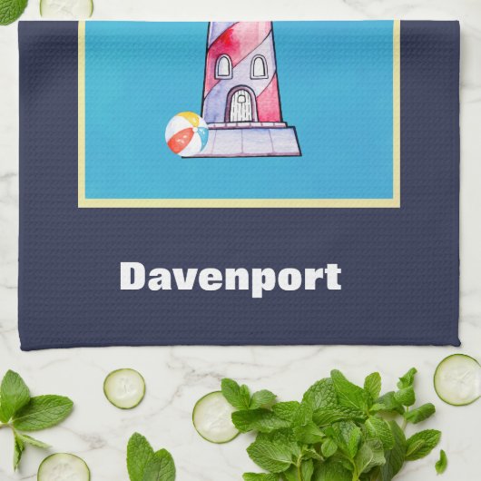 レッドウォーストライプのターカラーライトハウスパーソナライズされた キッチンタオル (折り畳み)