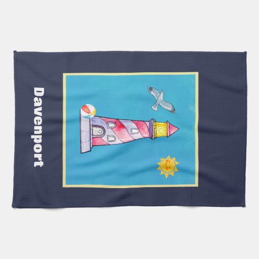 レッドウォーストライプのターカラーライトハウスパーソナライズされた キッチンタオル (横)