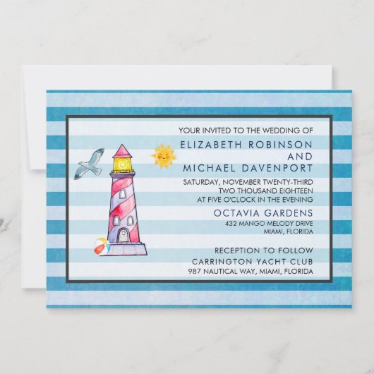 レッドウォーストライプのターカラーライトハウス結婚ズ 招待状 (正面)