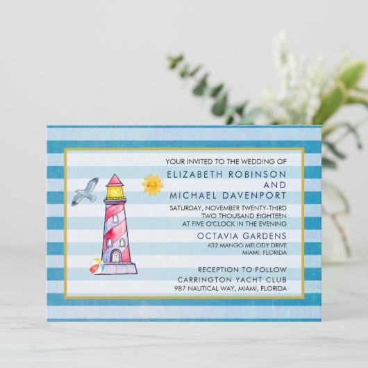 レッドウォーストライプのターカラーライトハウス結婚ズ 招待状 (スタンド正面)