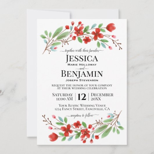 レッドウォーターエレガントカラー咲きボホシック結婚ズ 招待状 (正面)