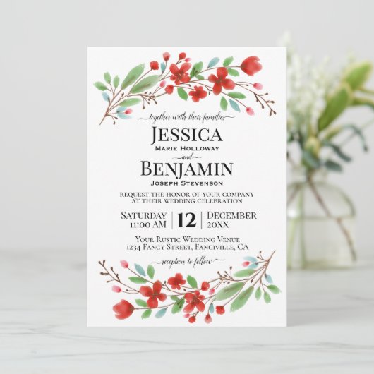 レッドウォーターエレガントカラー咲きボホシック結婚ズ 招待状 (スタンド正面)