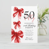 レッドウォーターカラーのおしゃれなリボンで50歳の誕生日パーティー 招待状 (スタンド正面)