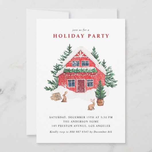 レッドウォーターカラーウィンターコテージホリデーパーティー 招待状 (正面)