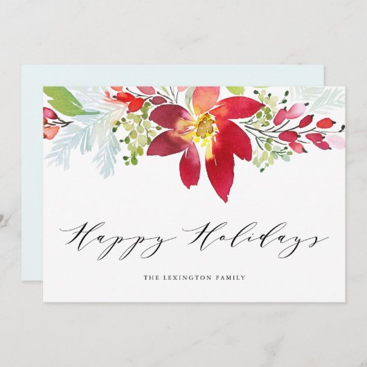レッドウォーターカラークリスマスフローラガーランドハッピー シーズンカード (正面/裏面)
