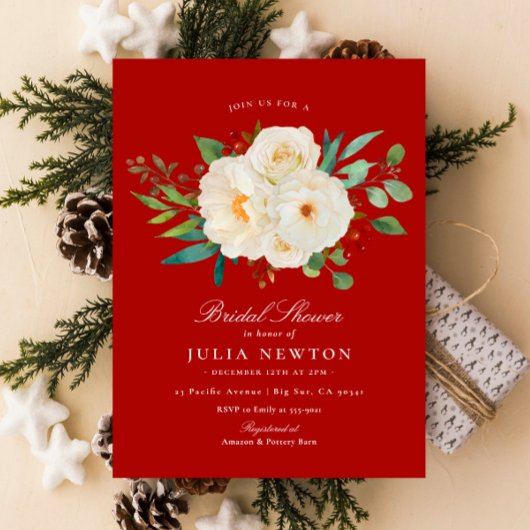 レッドウォーターカラークリスマスフローラブライダルシャワー 招待状