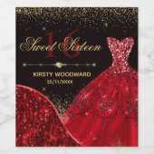 レッドウォーターカラーグリッタードレススウィート16誕生日 ワインラベル (シングルラベル)