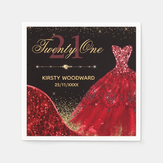レッドウォーターカラードレス&レッドウェーブエッジ21st誕生日 スタンダードカクテルナプキン (正面)