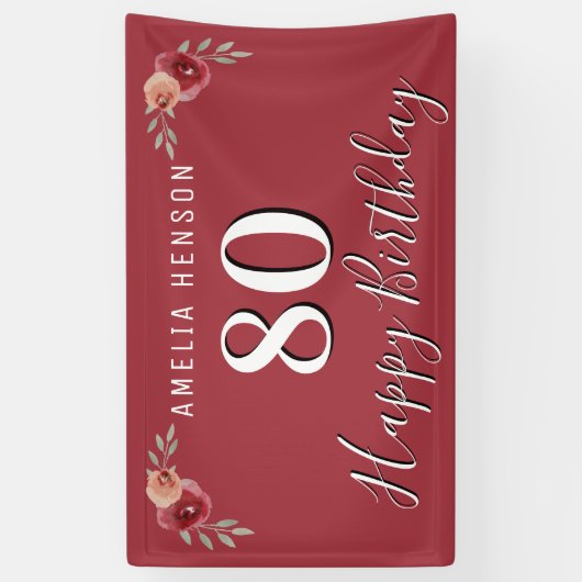 レッドウォーターカラーフラワーフローラ80誕生日 横断幕 (縦)