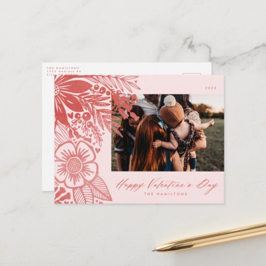 レッドウォーターカラーフローラバレンティンズデイブーケ シーズンポストカード (正面/裏面インサイチュ)