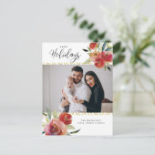 レッドウォーターカラーフローラ金ゴールドホリデーファミリーフォト ポストカード (スタンド正面)