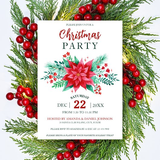 レッドウォーターカラーポインセチアフローラクリスマスパーティー 招待状