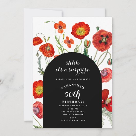 レッドウォーターカラーポピー花模様サプライズ誕生日 招待状 (正面)