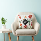 レッドウォーターカラーポピー花模様モノグラム クッション (椅子)