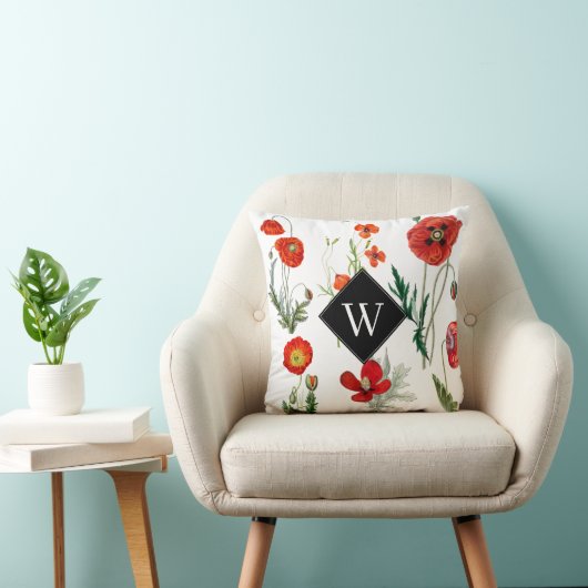 レッドウォーターカラーポピー花模様モノグラム クッション (椅子)