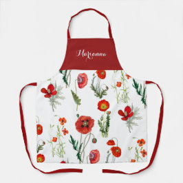 レッドウォーターカラーポピー花模様 エプロン