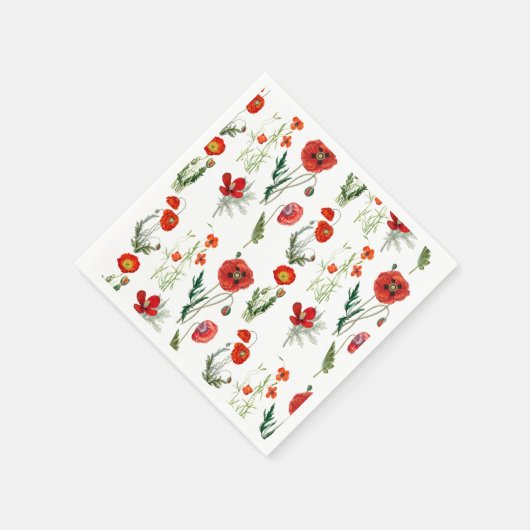 レッドウォーターカラーポピー花模様 スタンダードカクテルナプキン (角)