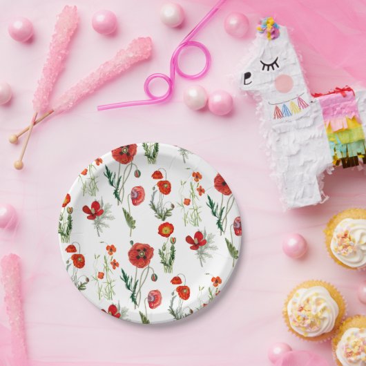 レッドウォーターカラーポピー花模様 ペーパープレート (パーティー)