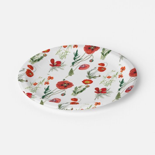 レッドウォーターカラーポピー花模様 ペーパープレート (アングル)