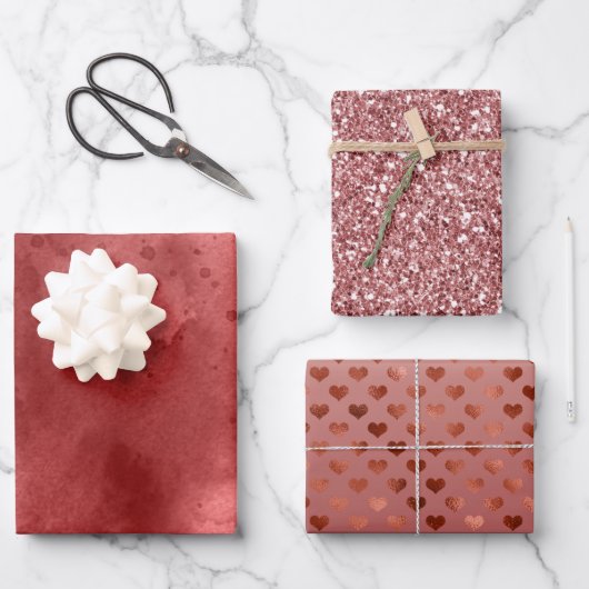 レッドウォーターグリッターとハート ラッピングペーパーシート (正面)