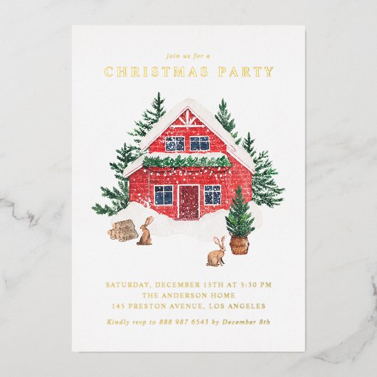 レッドウォーター色の冬のコテージクリスマスパーティー 箔招待状 (正面)