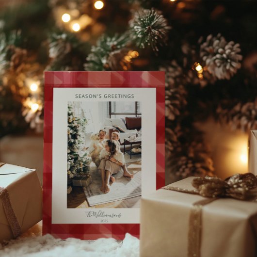 レッドウォーター色の格子模様素朴写真シーズングリーティング シーズンカード