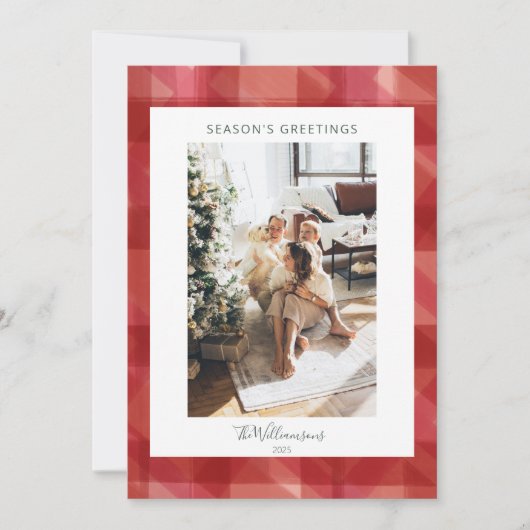 レッドウォーター色の格子模様素朴写真シーズングリーティング シーズンカード (正面)