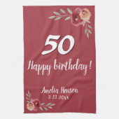 レッドウォーター色バラフローラ50誕生日 キッチンタオル (縦)