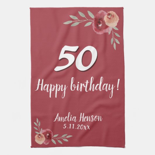 レッドウォーター色バラフローラ50誕生日 キッチンタオル (縦)