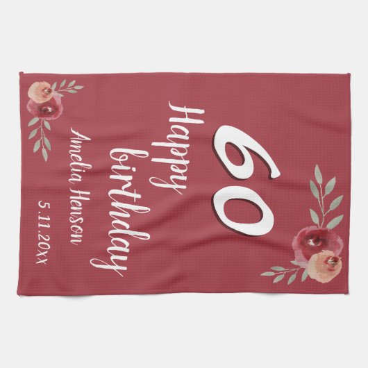 レッドウォーター色バラフローラ60誕生日 キッチンタオル (横)