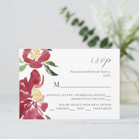 レッドウォーター色牡丹結婚式招待状RSVP 出欠カード (スタンド正面)