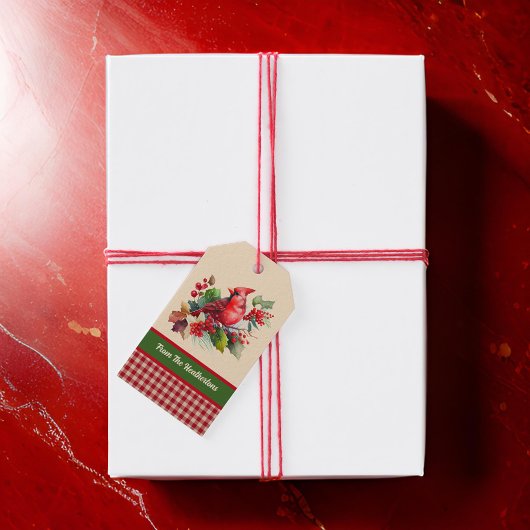 レッドウッドジー(鳥)ショウジョウコウカンチョウとホリーオンカントリーギンガム ギフトタグ