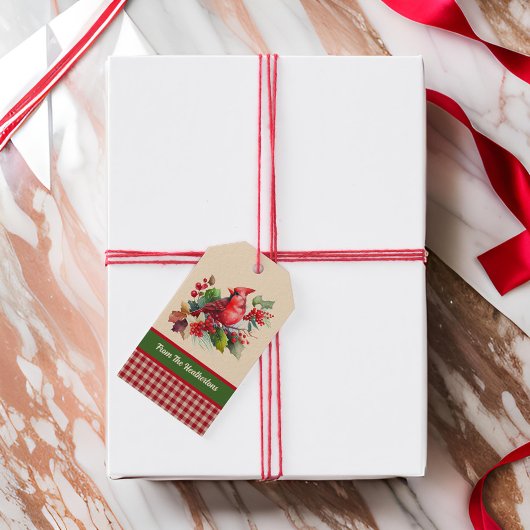 レッドウッドジー(鳥)ショウジョウコウカンチョウとホリーオンカントリーギンガム ギフトタグ