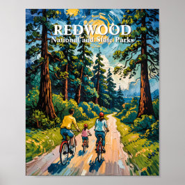 レッドウッド国立公園での家族自転車ツアーの絵画 ポスター