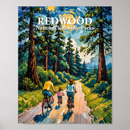 レッドウッド国立公園での家族自転車ツアーの絵画 ポスター (正面)