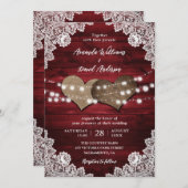 レッドウッド素朴バーラップレースストリングライツ結婚ズ 招待状 (正面/裏面)