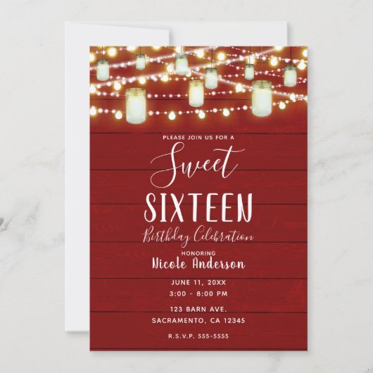 レッドウッド＆ストリングライト カントリー ラスティック スイート16 招待状 (正面)
