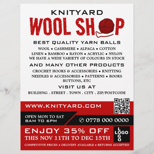 レッドウールショップロゴ、編み物店、ヤーンストア チラシ (正面)