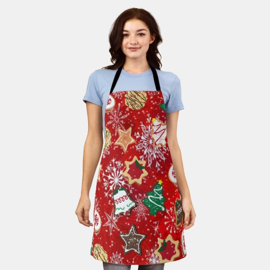 レッドエプロンのクリスマスクッキーとスノーフレーク エプロン (着用した状態)
